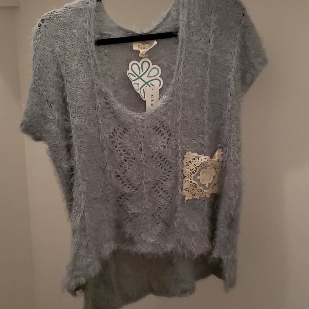 Powder blue fur large lace pocket new blouse